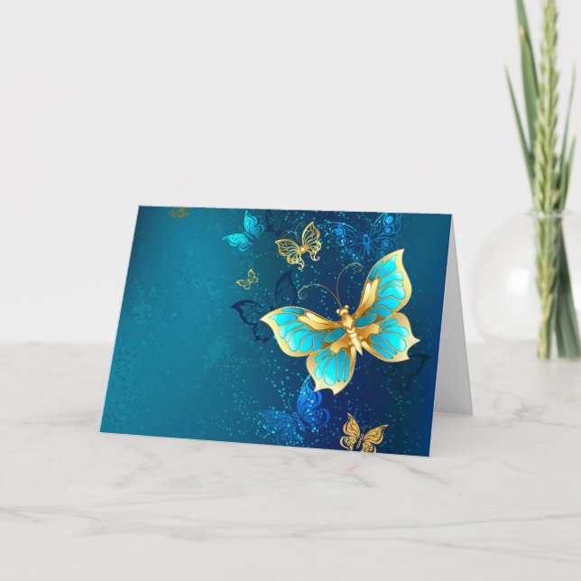 Golden Butterflies on a Blue Background Holiday Card (Front)