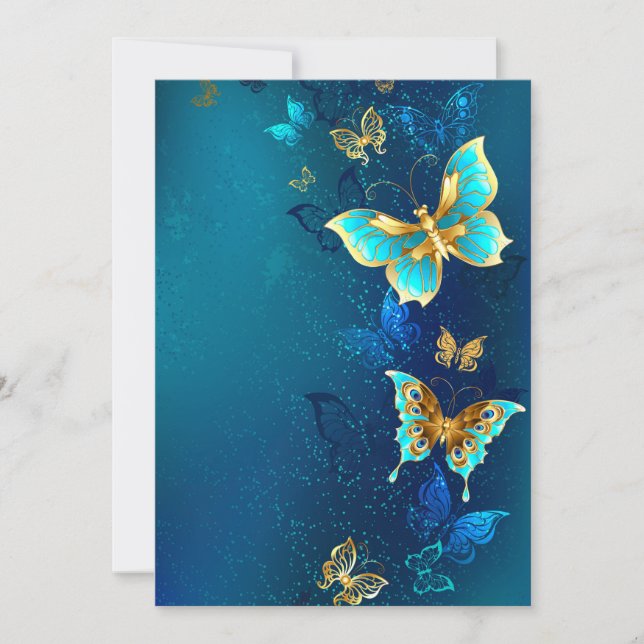 Golden Butterflies on a Blue Background Holiday Card (Front)