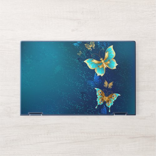 Golden Butterflies on a Blue Background HP Laptop Skin