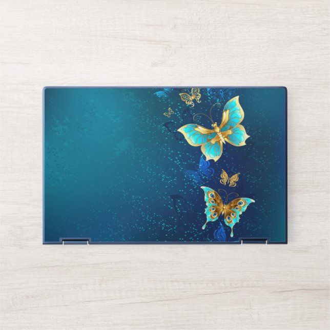 Golden Butterflies on a Blue Background HP Laptop Skin (Front)