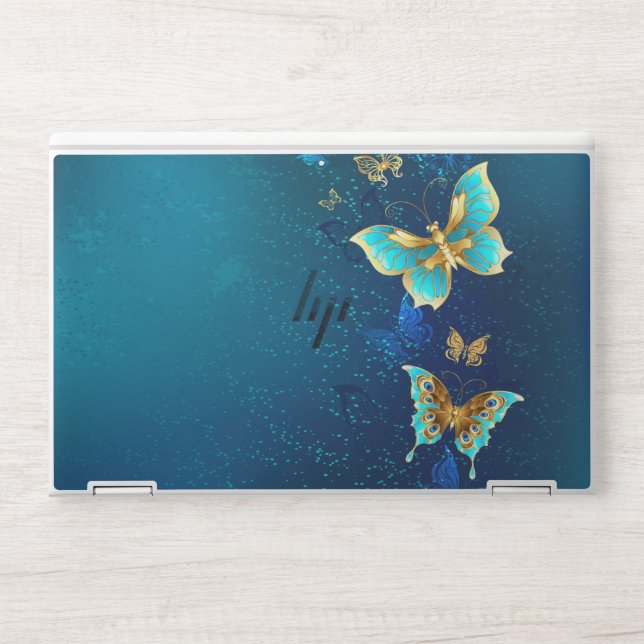 Golden Butterflies on a Blue Background HP Laptop Skin (Front)