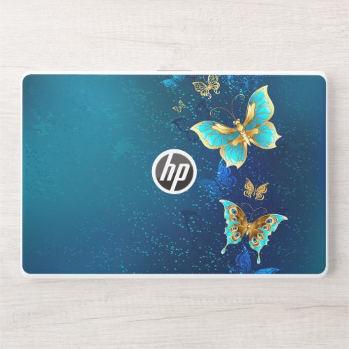 Golden Butterflies on a Blue Background HP Laptop Skin
