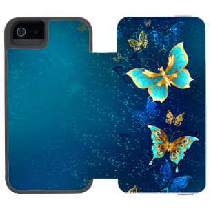 Golden Butterflies on a Blue Background iPhone SE/5/5s Wallet Case