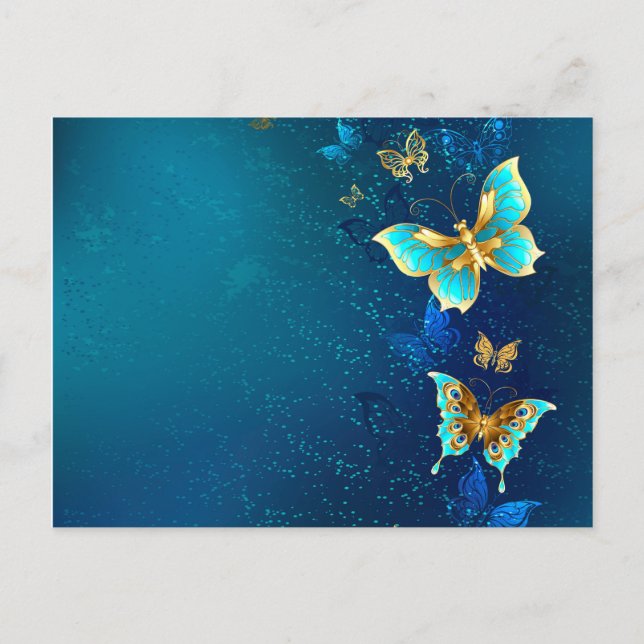 Golden Butterflies on a Blue Background Invitation Postcard (Front)