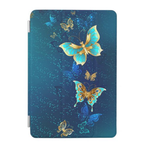 Golden Butterflies on a Blue Background iPad Mini Cover