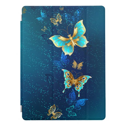 Golden Butterflies on a Blue Background iPad Pro Cover