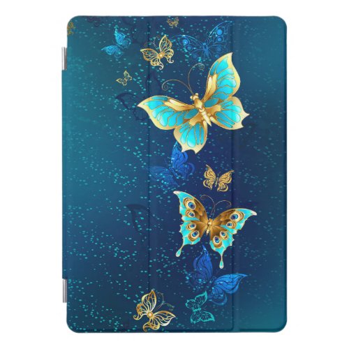 Golden Butterflies on a Blue Background iPad Pro Cover