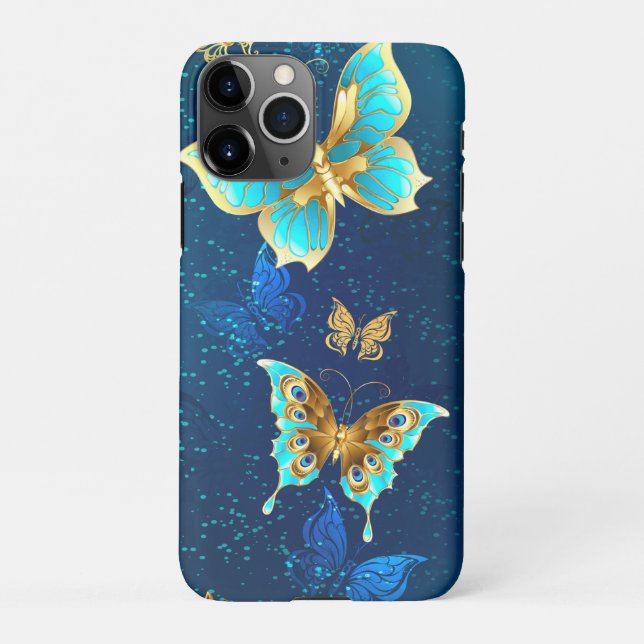 Golden Butterflies on a Blue Background iPhone Case (Back)