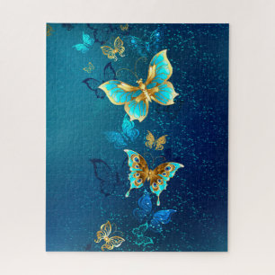 Golden Butterflies on a Blue Background Jigsaw Puzzle