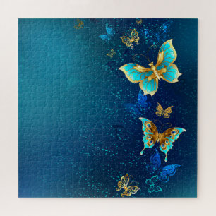 Golden Butterflies on a Blue Background Jigsaw Puzzle