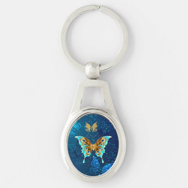 Golden Butterflies on a Blue Background Keychain (Front)