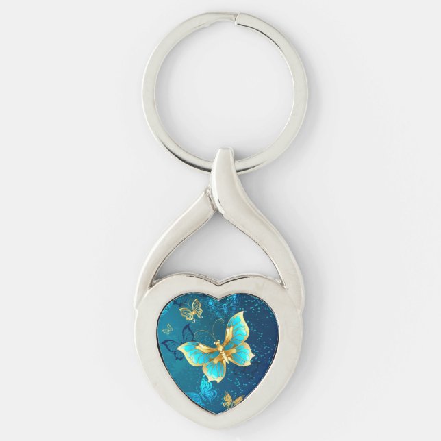 Golden Butterflies on a Blue Background Keychain (Front)