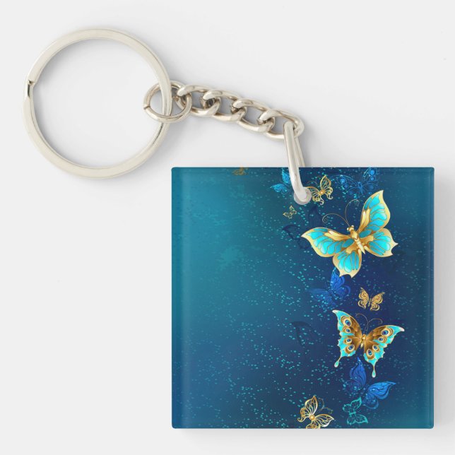 Golden Butterflies on a Blue Background Keychain (Front)