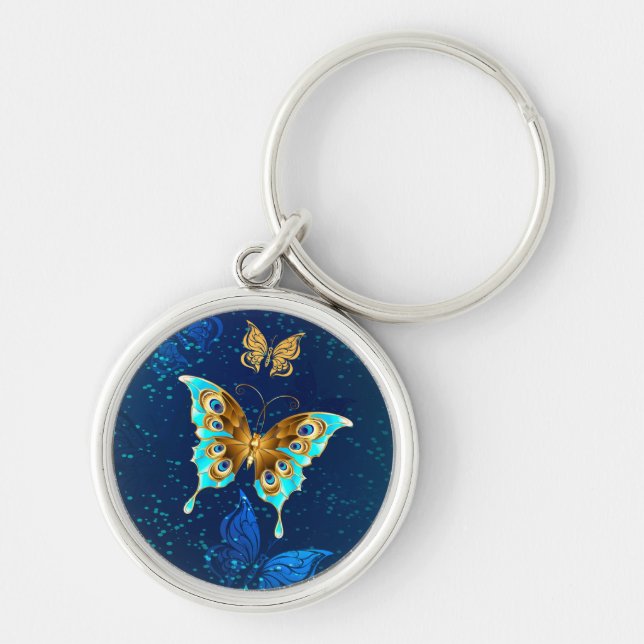 Golden Butterflies on a Blue Background Keychain (Front)