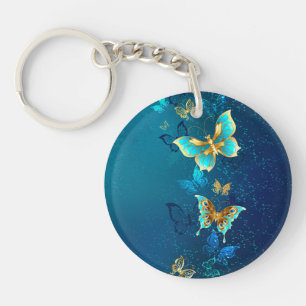 Golden Butterflies on a Blue Background Keychain