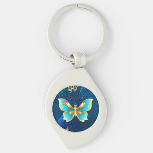 Golden Butterflies on a Blue Background Keychain