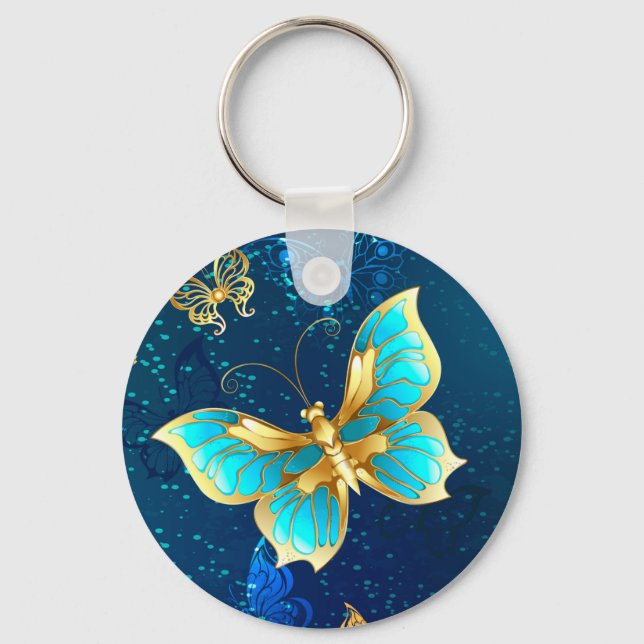 Golden Butterflies on a Blue Background Keychain (Front)