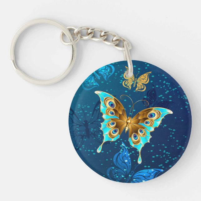 Golden Butterflies on a Blue Background Keychain (Front)