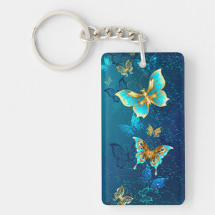 Golden Butterflies on a Blue Background Keychain