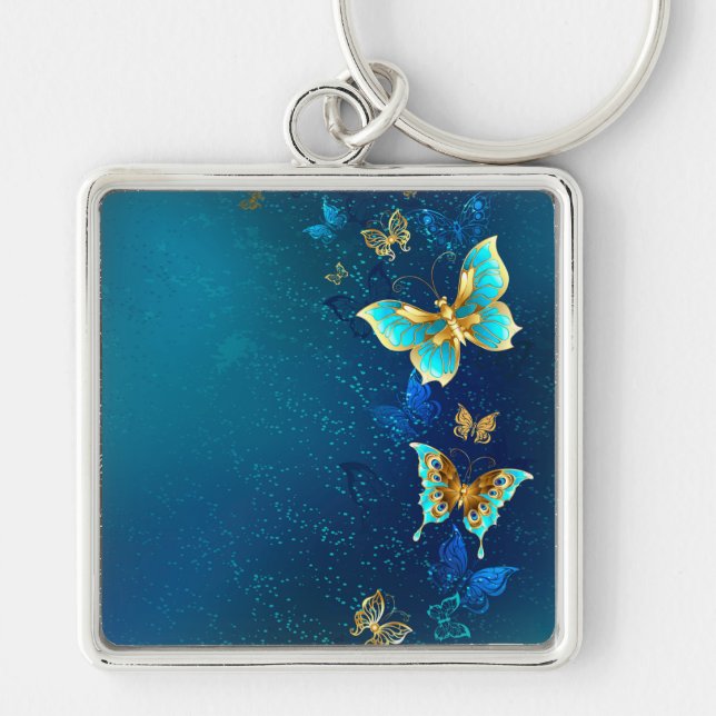 Golden Butterflies on a Blue Background Keychain (Front)