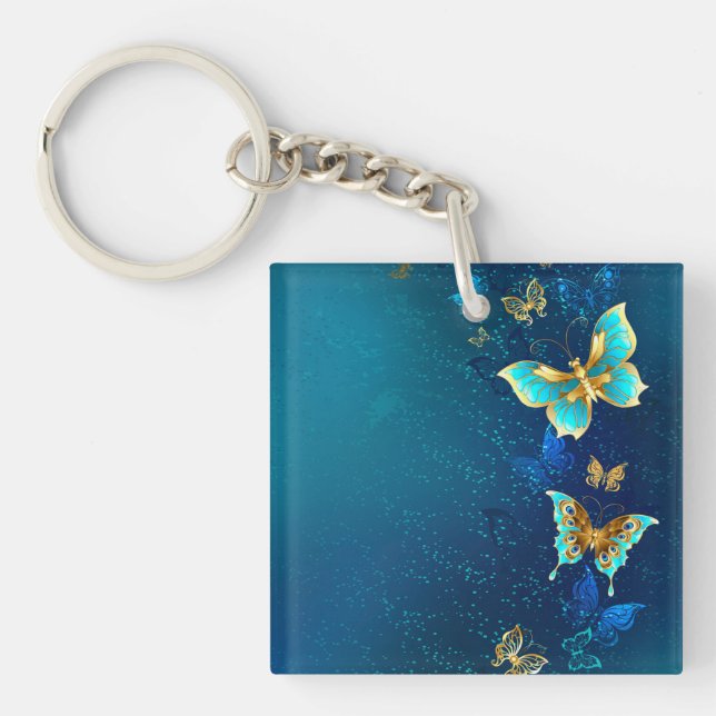 Golden Butterflies on a Blue Background Keychain (Front)
