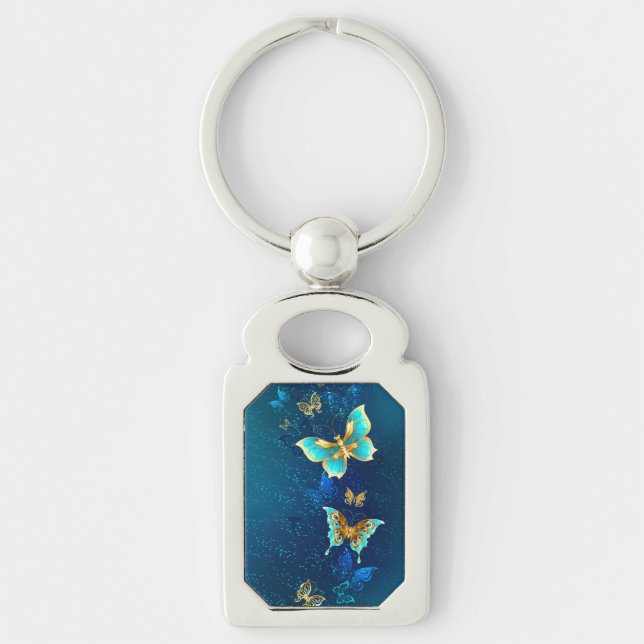 Golden Butterflies on a Blue Background Keychain (Front)