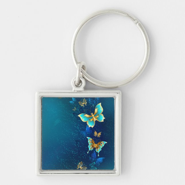 Golden Butterflies on a Blue Background Keychain (Front)