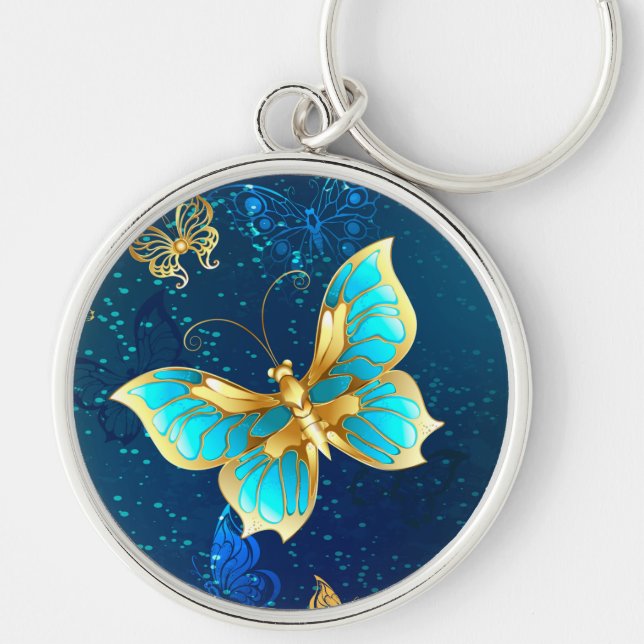 Golden Butterflies on a Blue Background Keychain (Front)