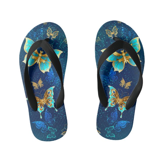 Golden Butterflies on a Blue Background Kid's Flip Flops (Footbed)