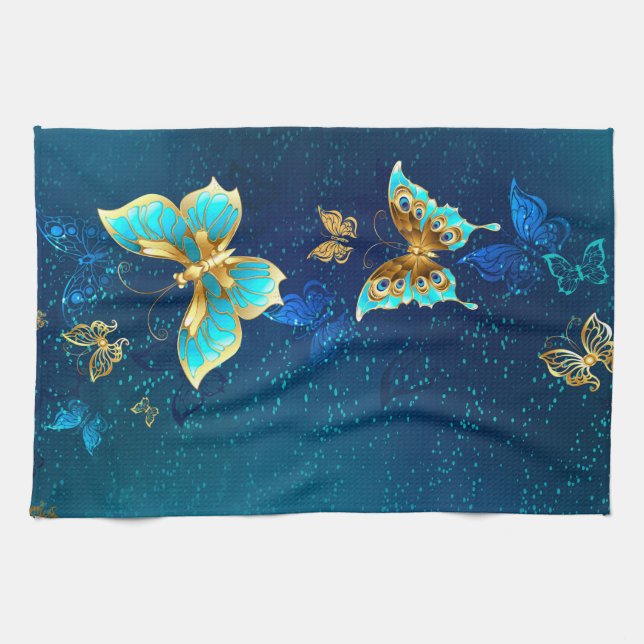 Golden Butterflies on a Blue Background Kitchen Towel (Horizontal)
