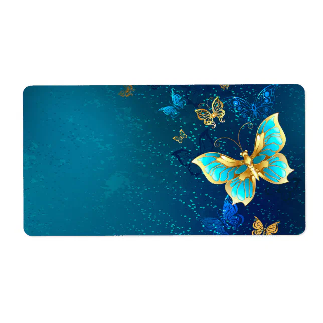 Golden Butterflies on a Blue Background Label | Zazzle