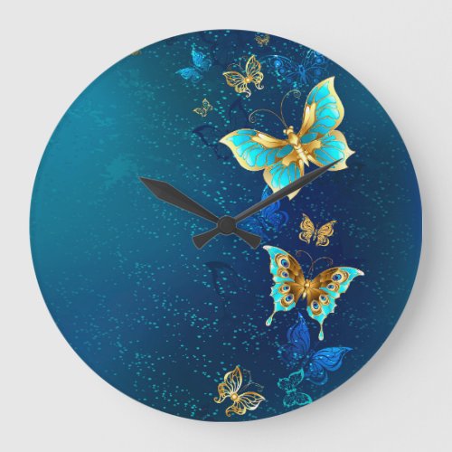 Golden Butterflies on a Blue Background Large Clock
