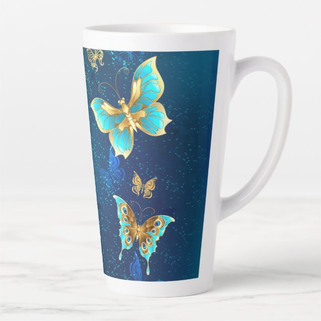 Golden Butterflies on a Blue Background Latte Mug (Right)