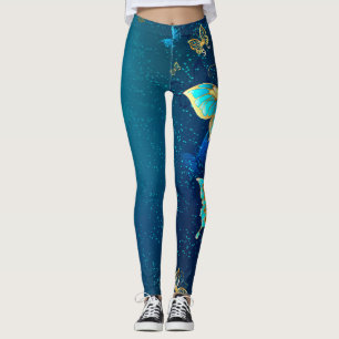 Golden Butterflies on a Blue Background Leggings