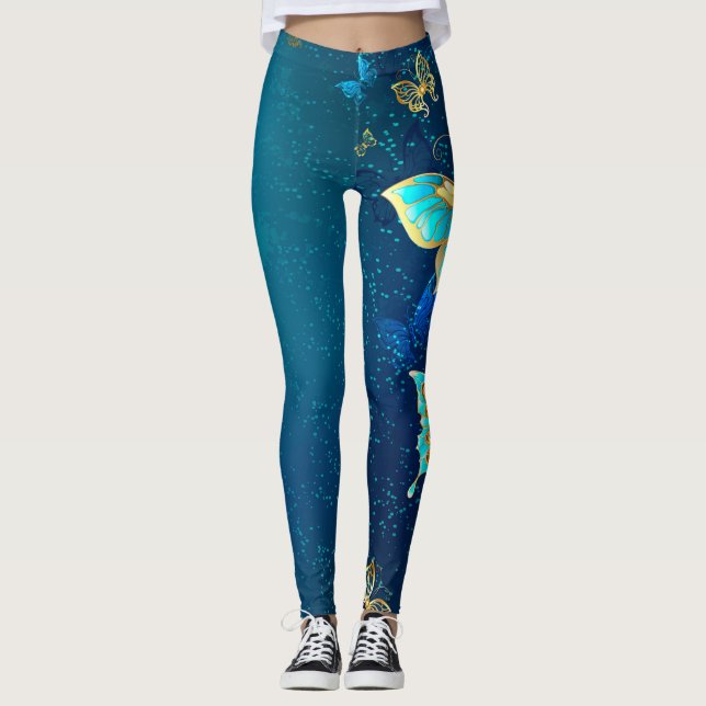 Golden Butterflies on a Blue Background Leggings (Front)