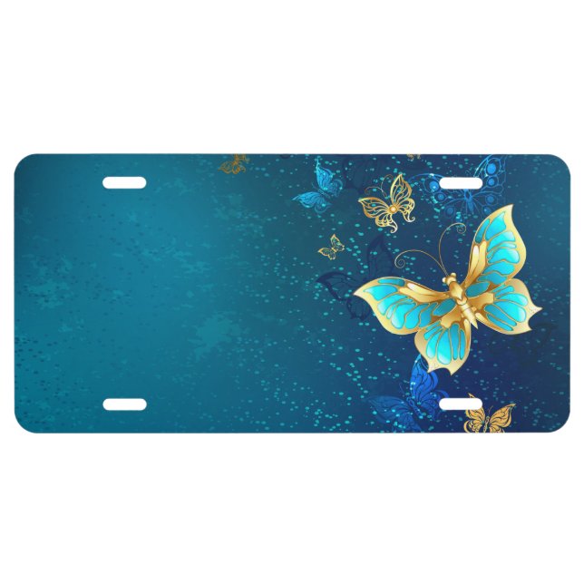 Golden Butterflies on a Blue Background License Plate (Front)