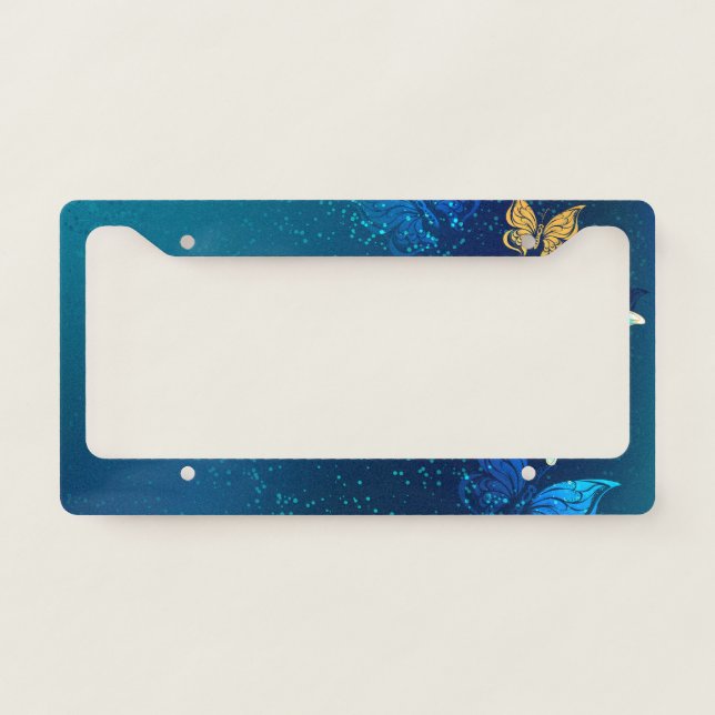 Golden Butterflies on a Blue Background License Plate Frame (Front)