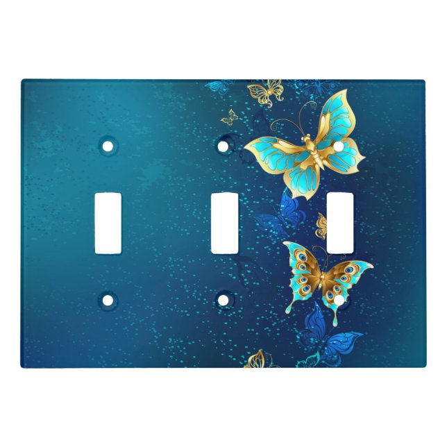 Golden Butterflies on a Blue Background Light Switch Cover (Front)