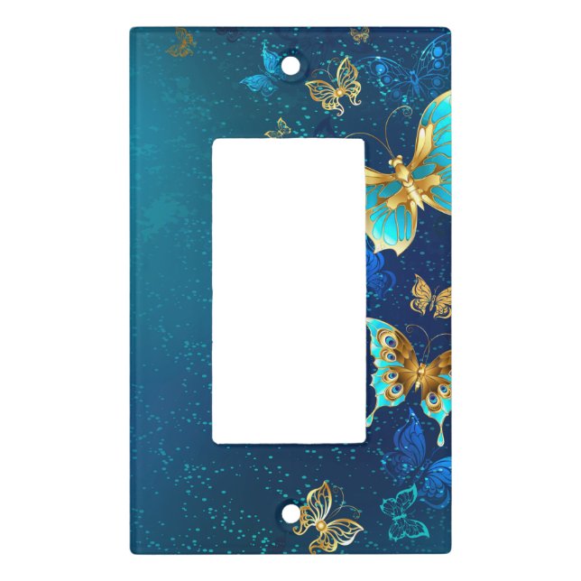 Golden Butterflies on a Blue Background Light Switch Cover (Front)