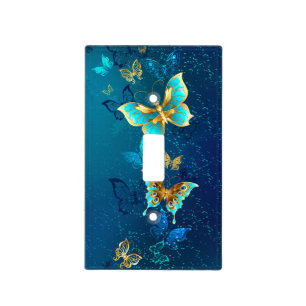 Golden Butterflies on a Blue Background Light Switch Cover
