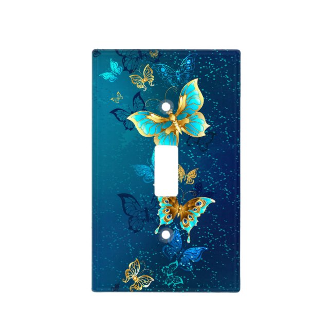 Golden Butterflies on a Blue Background Light Switch Cover (Front)