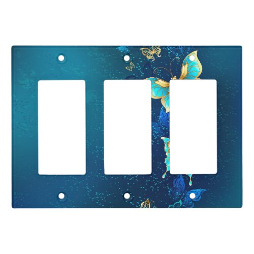 Golden Butterflies on a Blue Background Light Switch Cover