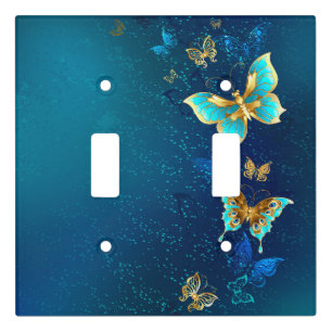Golden Butterflies on a Blue Background Light Switch Cover