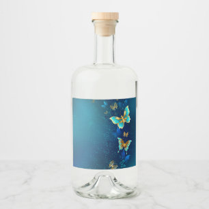 Golden Butterflies on a Blue Background Liquor Bottle Label