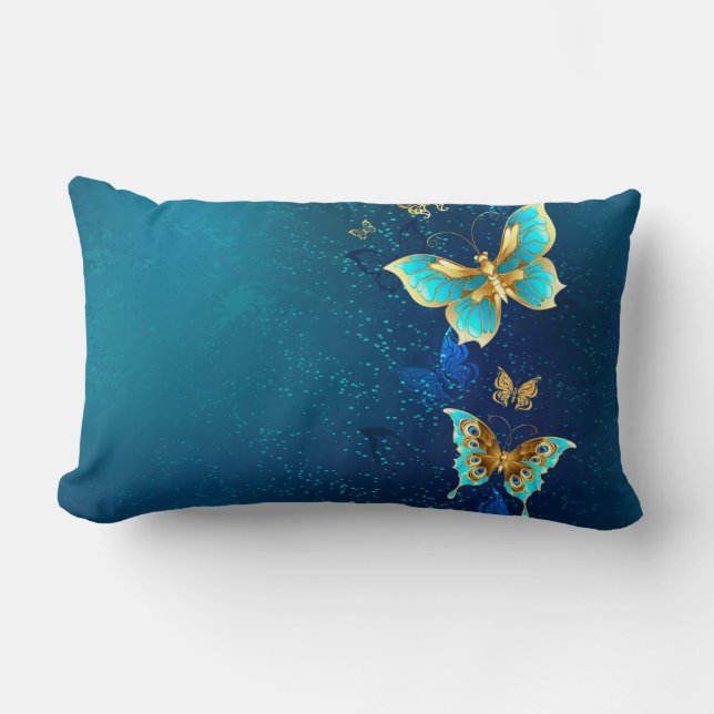 Golden Butterflies on a Blue Background Lumbar Pillow (Front)