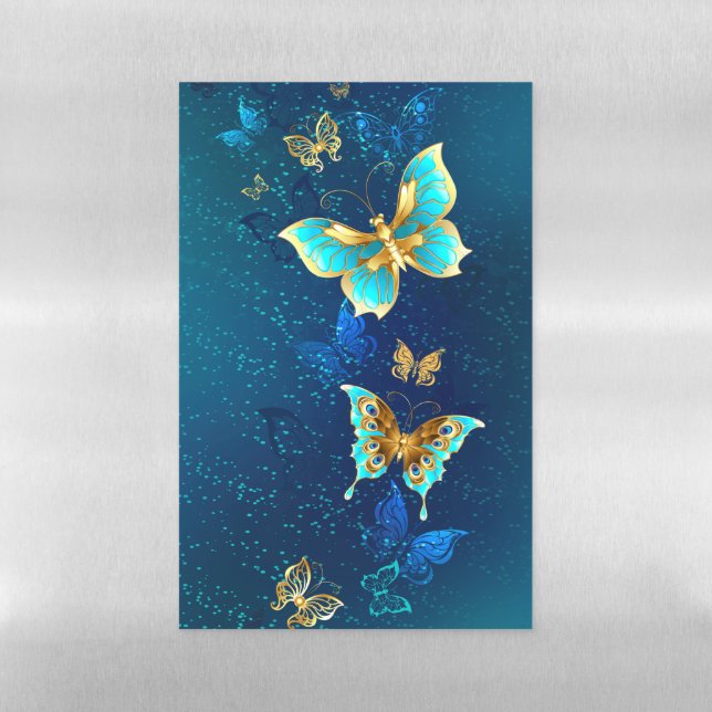 Golden Butterflies on a Blue Background Magnetic Dry Erase Sheet (Vertical)