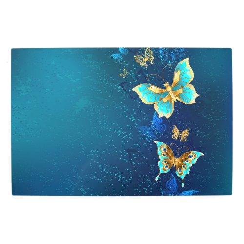 Golden Butterflies on a Blue Background Metal Print