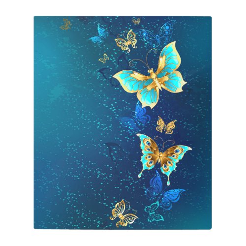 Golden Butterflies on a Blue Background Metal Print