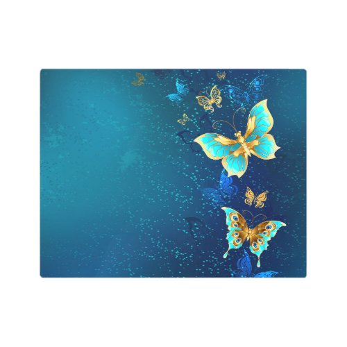 Golden Butterflies on a Blue Background Metal Print