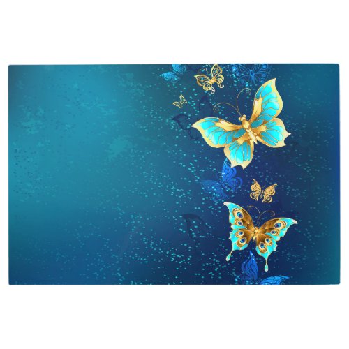 Golden Butterflies on a Blue Background Metal Print